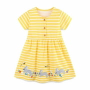 Toddler Girls Easter Dresses Dress Bunny Embroidery Stripe Short Sleeve Cotton Button Dress #Yellow 4-5 Years